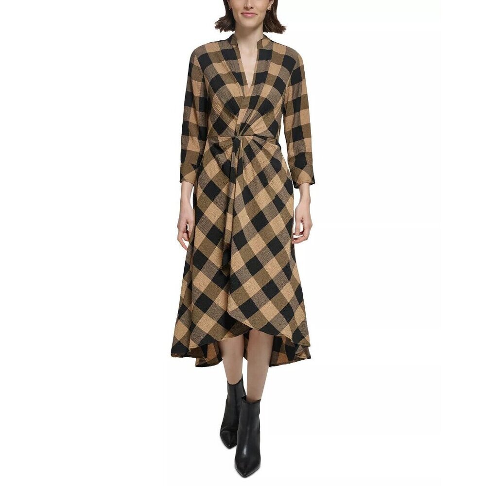 NWT Calvin Klein Womens Buffalo Check Plaid Long Sleeve Surplice Midi Dress S 4